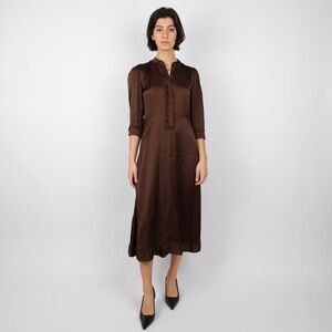Jigsaw Silk Satin Ruffle Shirt Brown Midi Dress